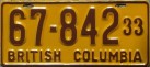 Nummernschilder / Kfz-Kennzeichen Kanada 1933 1930er British Columbia