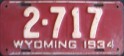 Nummernschilder / Kfz-Kennzeichen USA 1934 1930er Wyoming WY